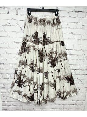 New Cal Style Linen Tiered Palm Tree Tropical Beach Breezy Floral Maxi Skirt S